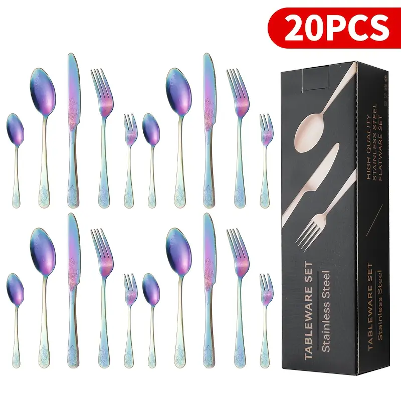 20/30 Piece Stainless Steel Retro Carved Gold Tableware Set, Suitable For1-6 People, Stainless Steel Tableware Set With Knife/Fork/Spoon, Household And Kitchen Tableware Set, Ideal Holiday Gift for Women, Rainbow Gold