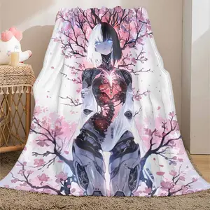 Cyberpunk Anime Girl Flannel Blanket - Cherry Blossom Mechanical Aesthetic Print, Wrinkle-Resistant Ultra-Soft Lightweight Breathable Warm Bedding, Ideal for Living Room Couch, Business Trips, Car Use, Cozy Gift