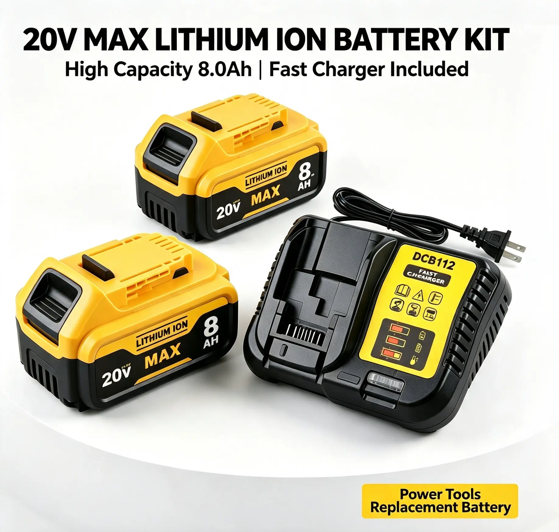 2/1 Pack Lithium-Ion Replacement Battery Kit Set (8000mAh/8.0Ah) + Charger for DeWalt 20V MAX XR Power Tools, Compatible with DCB200 DCB204 DCB206 Batteries for Daily Home Improvement Needs
