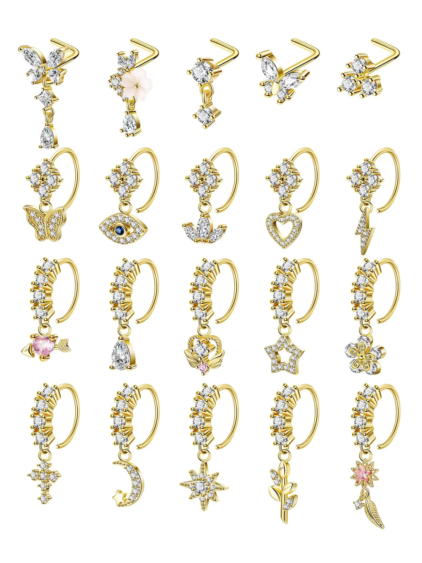 20pcs 20g Stainless Steel L-Shaped Nose Rings Set, Cute Heart Moon Star Design, Copper Chain Material, All Seasons Nose Piercing Jewelry, Body Piercing Jewelry, Body Jewellery