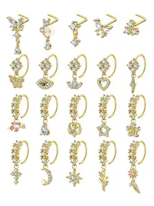 20pcs 20g Stainless Steel L-Shaped Nose Rings Set, Cute Heart Moon Star Design, Copper Chain Material, All Seasons Nose Piercing Jewelry