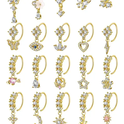 20Pcs 20G Stainless Steel L-Shaped Nose Rings Set, Cute Heart Moon Star Design, Copper Chain Material, All Seasons Nose Piercing Jewelry, Body Piercing Jewelry, Body Jewellery