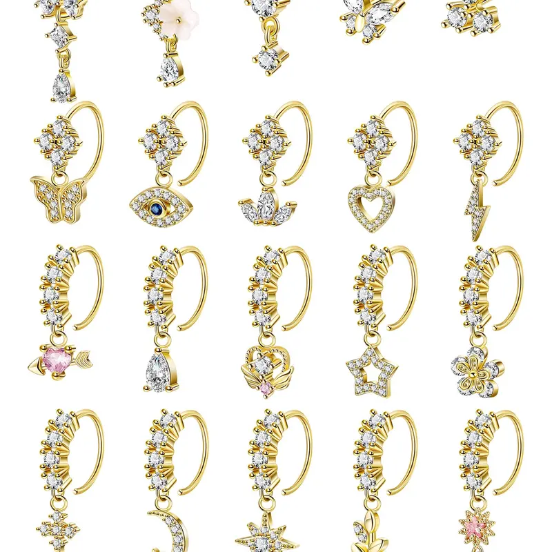20Pcs 20G Stainless Steel L-Shaped Nose Rings Set, Cute Heart Moon Star Design, Copper Chain Material, All Seasons Nose Piercing Jewelry, Body Piercing Jewelry, Body Jewellery
