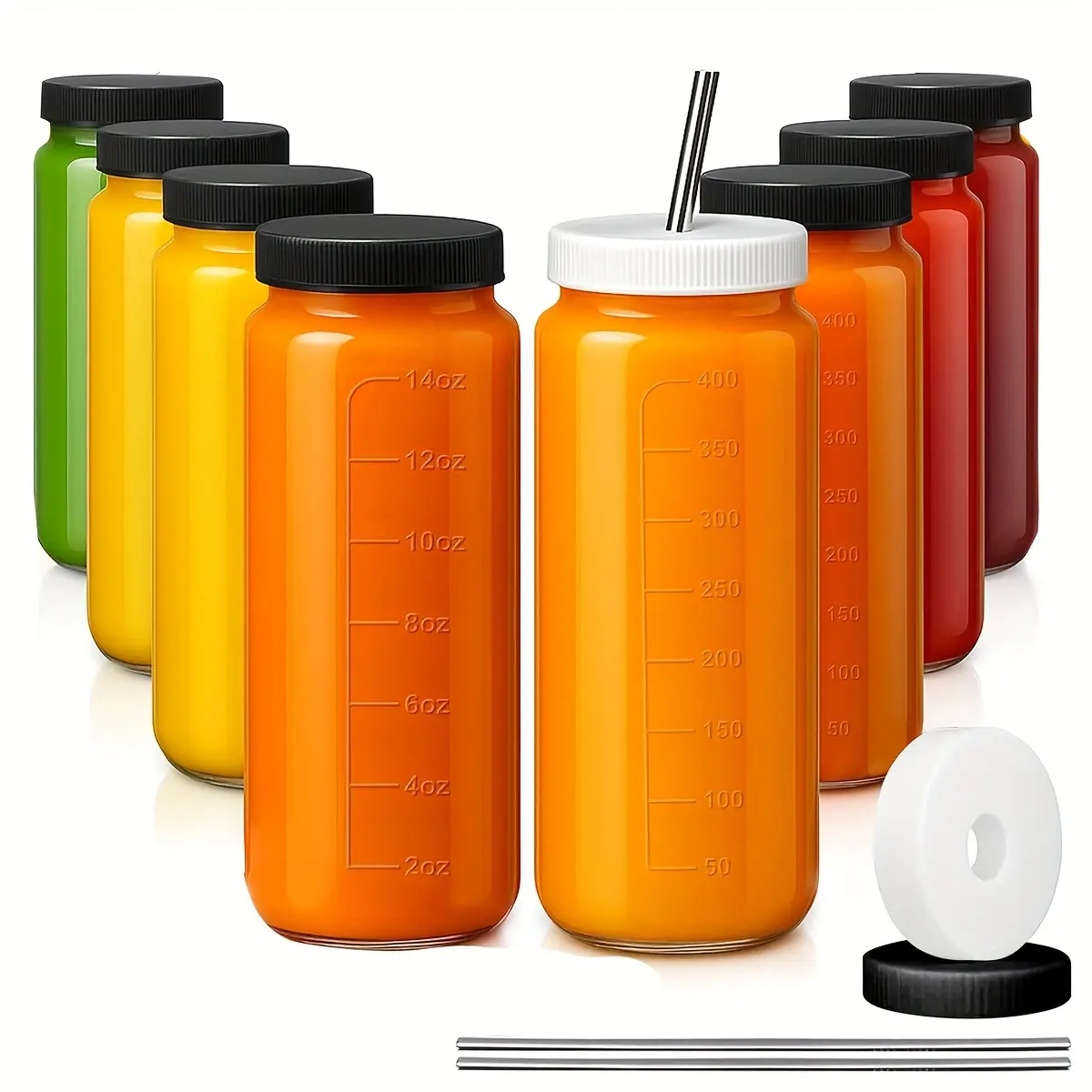 8-Pack 16oz Airtight Glass Juice Bottles with Lids & Straws, Reusable Mason Jar Drinkware for Juices, Smoothies