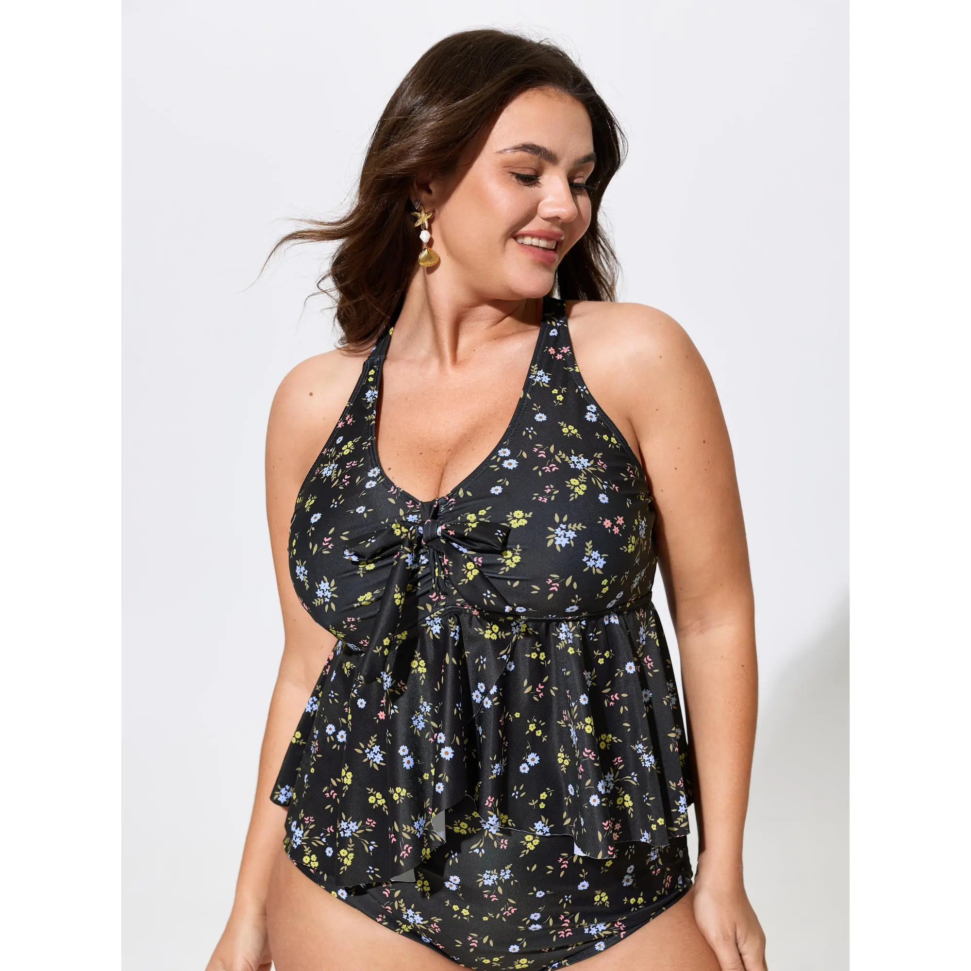 BLOOMCHIC Plus Size Sleeveless Ruffle Floral Print Supportive Stretch Swim Top [M-6X] - Cold Wash, Machine Wash, Summerfinds Tankini, No-Pocket