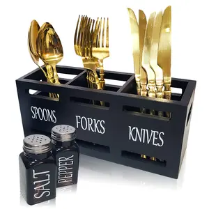 Wooden Utensil Holder - Utensil Caddy, Cutlery Organizer for Kitchen Countertop, Silverware Holder, Flatware Caddy for Party & Kitchen with Salt and Pepper Shakers