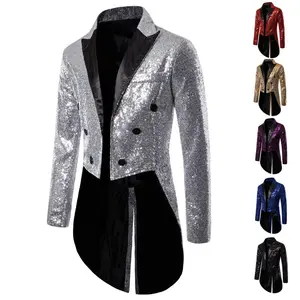 New Year Valentine's Day Men's Sequin Turn-Down Collar Long Sleeve Nightclub Prom Suit, Shiny Swallow-Tailed Tuxedo