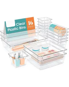 16 PCS Drawer Organizer Set, 5 Varied Size Bathroom and kitchen Drawer cabinet organizer Trays, Clear Storage Bins for Makeup, Jewelry, Utensils and Gadgets