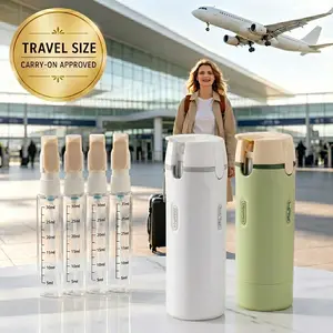 4-in-1 Travel Dispenser with Sticker Labels – TSA Approved Leakproof Refillable (4x1oz) – Individual Pumps for Shampoo, Lotion, Conditioner, Toner – Ideal for Carry-On, Trips & Vacations