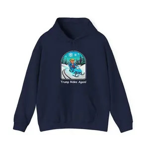 Cartoon Trump Snowmobile Hoodie - Trump Rides Again, Funny Political Sweatshirt, Unisex Graphic Hoody, Gift for Trump Supporters, Winter