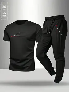 Men's Casual Two-Piece Set, Elastic Waistband Pants & Airplane Print Tee, Comfortable Streetwear for Daily Wear