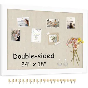 Double-Sided Large Cork Board with Linen, 24" x 18"   Framed Bulletin Board, Picture Display Vision Board Corkboards for Wall Room School Office Decor, 20 Pushpins,1pack