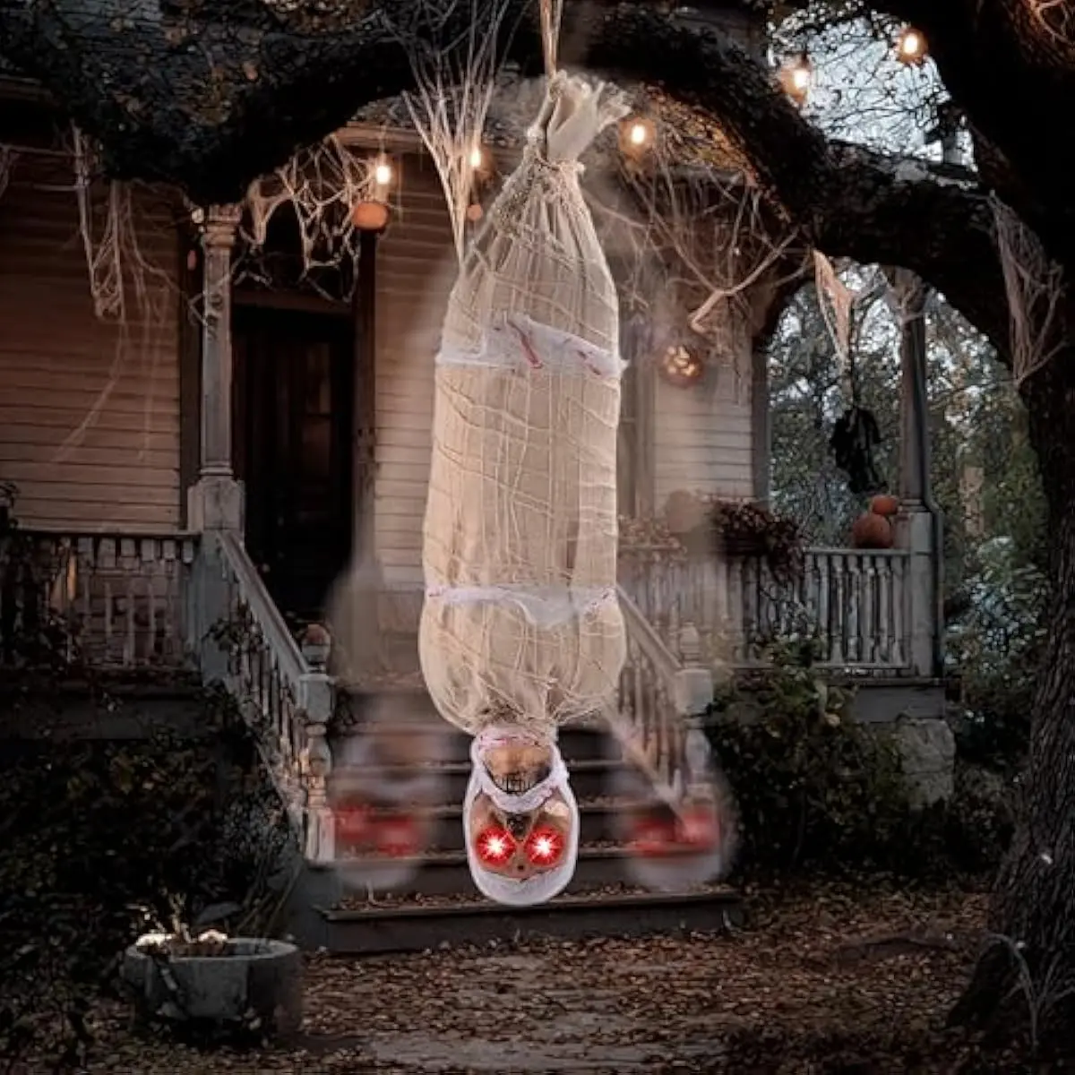 35" Halloween Animated Hanging Cocoon Corpse Decoration, Dead Body Prop with LED Light Up Eyes & Sound Effect, Spooky Corpse Skeleton for Yard, Indoor Haunted House Scary Decor Outdoor Horror