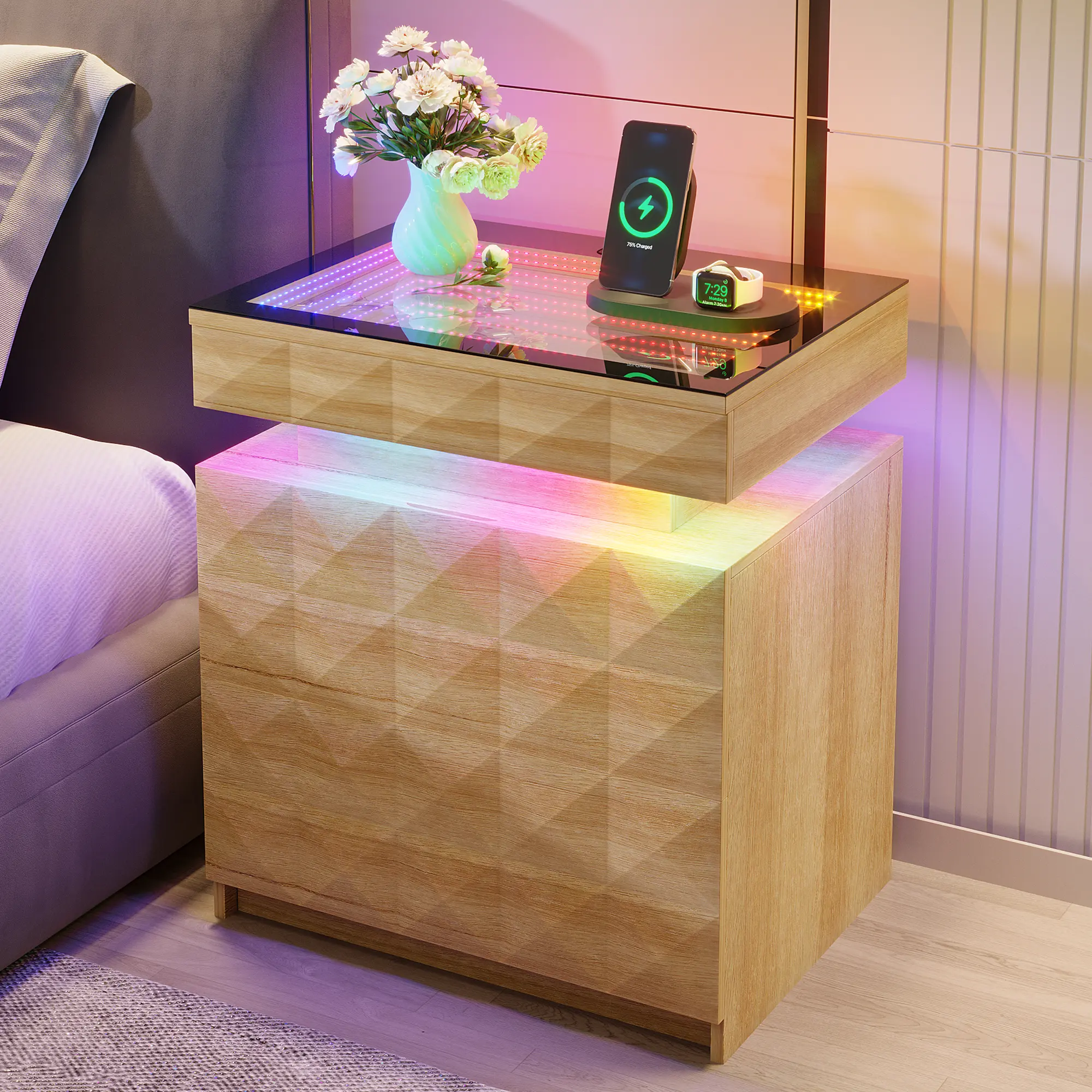 FREDEES 3-Drawer Wood Nightstand with Charging Station, RGB Lights, Tempered Glass Sliding Top, Hidden Storage & Lockable Design, Bedroom End Side Table,Requires Assembly