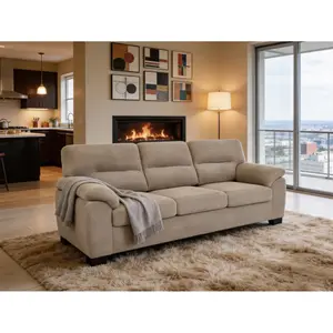 3-Seater Sofa, Camel Upholstered Couch, Modern Living Room Furniture, Textured Fabric Sofa, Minimalist Settee, Comfortable Armchair, Sturdy Frame Sofa