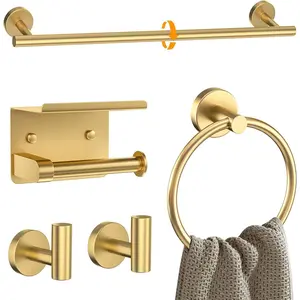 Brushed Gold Bathroom Hardware Set 5 Pieces Towel Bar Set Round Towel Holder Set for Bathroom,Upgraded Toilet Paper Holder with Shelf,Stainless Steel Wall Mounted 23.6 Inch