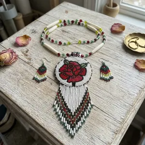 Handmade Beaded Rose Necklace and Earrings Set - Indigenous Style Long Medallion Jewelry - Floral Seed Bead Fringe Set - Gift for Her
