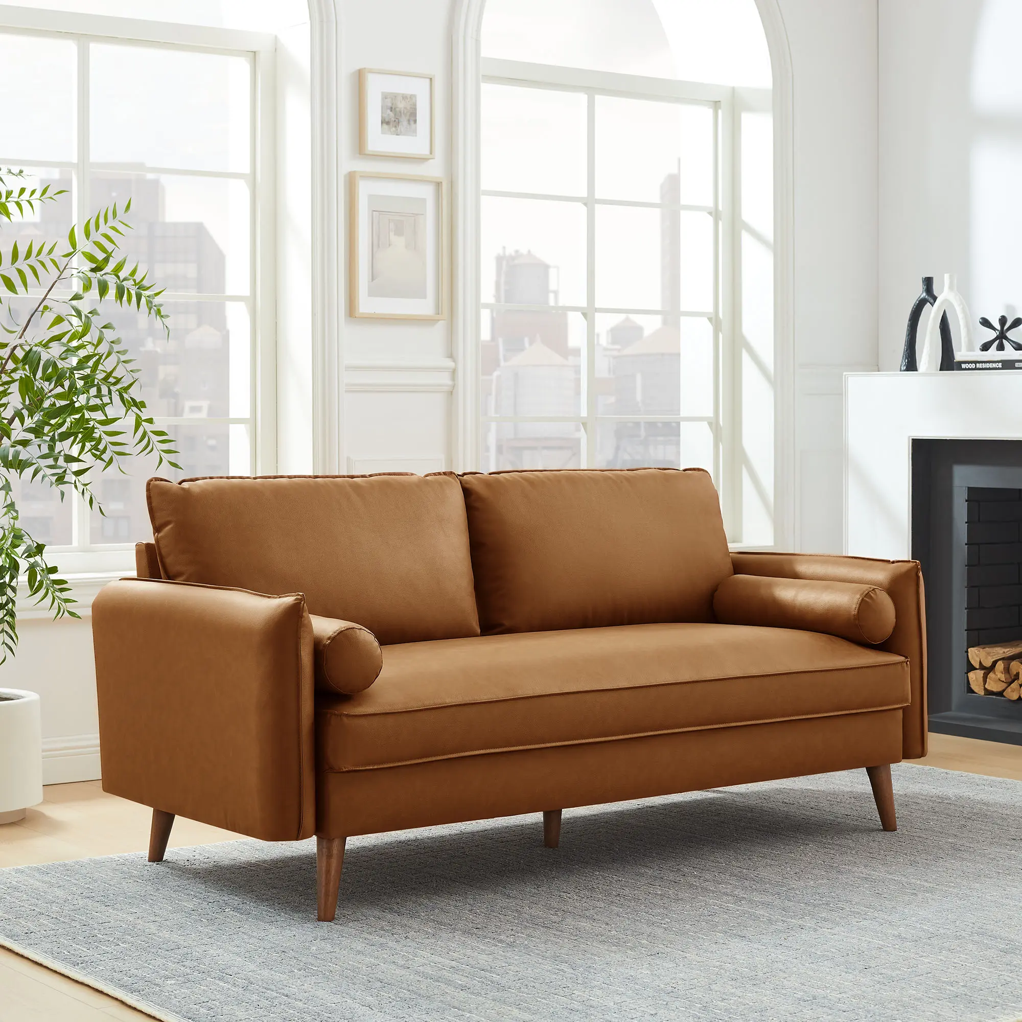 Faux Leather Modern Upholstered Sofa, Tan Upholstered Sofas for Indoor Living Spaces