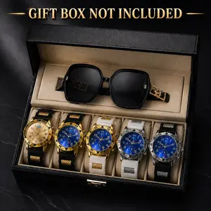 6-Piece Fashion Accessories Set with 1 Pair of Oversized Sunglasses and 5 Quartz Watches, Luxury Unisex Gift Set, Stylish Casual Business Party Travel Accessories for Men and Women