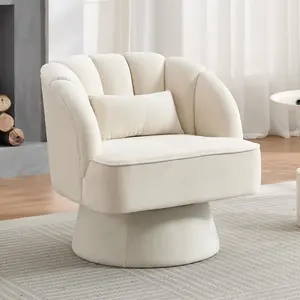 GARVEE Modern Swivel Barrel Accent Chair, 360 Degree Velvet Upholstered Armchair with Striped Backrest & Plush Padding, Comfy Round Lounge Chair for Living Room, Bedroom, Reading Nook, Beige