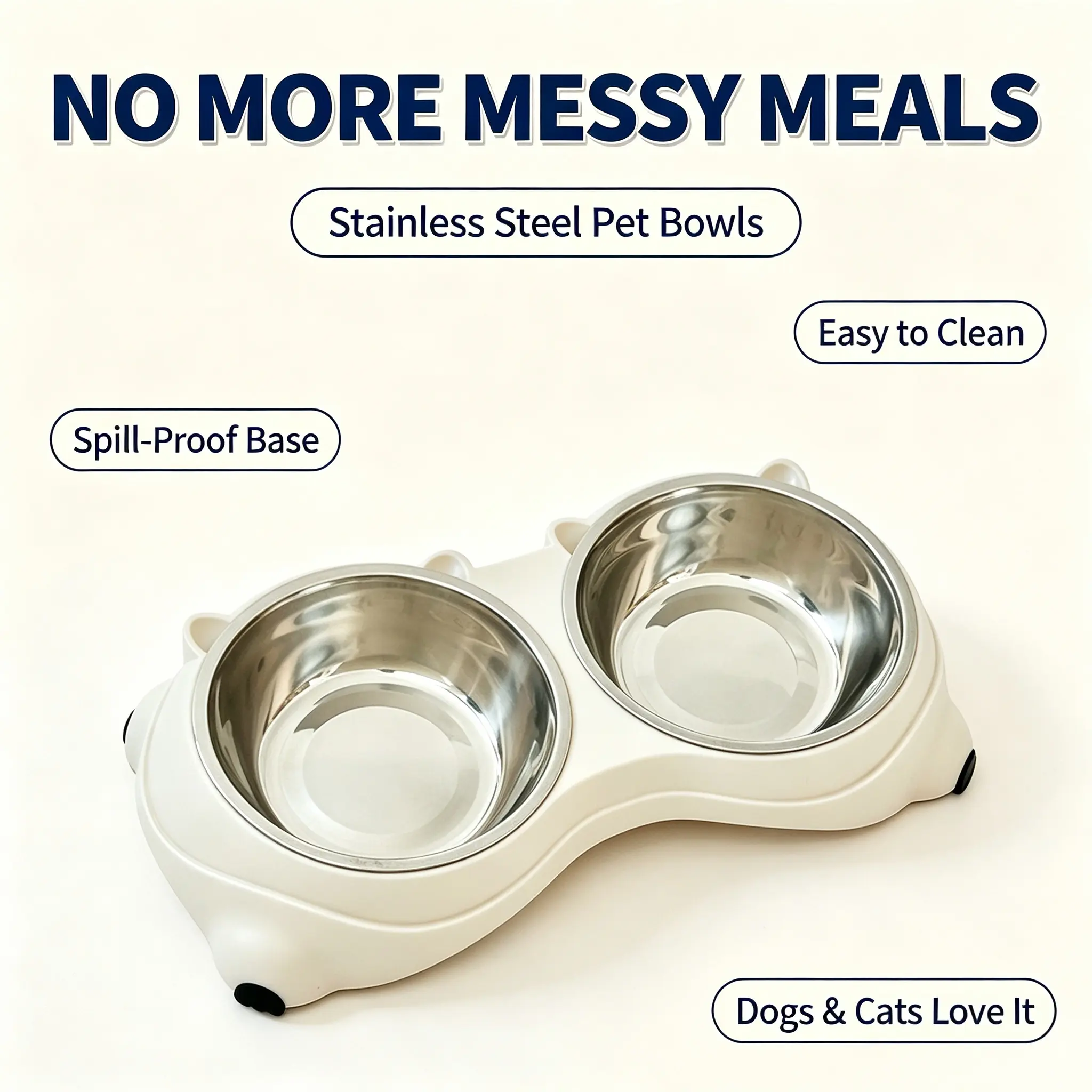 Easy Clean Stainless Steel Pet Double Bowl Set,Adorable Bear Shape Double Stainless Steel Pet Bowls, Non-Slip Rubber Base Spill Resistant Detachable Cat Dog Feeding Bowls, Separate Food Water Dish for Small Medium Cats Puppies