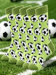 5 Pairs Football Print Ankle Socks, Unisex Fun Sports Style, Must-Have for Fans, Perfect Gift for Soccer Enthusiasts