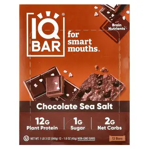 IQBAR Plant Protein Bar, Chocolate Sea Salt, 12 Bars, 1.6 oz (45 g) Each