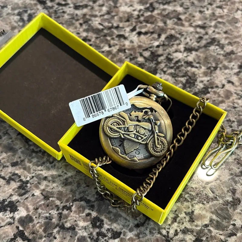 Invicta Vintage Mens Pocket Watch 47mm Bronze with Motorcycle Design and Chain Strap