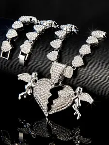 3pcs/set Charm Trend Broken Heart Cupids Pendant, Hip Hop Iced Out Blingbling Necklace & Bracelet, Sparkling Jewelry for Men & Women