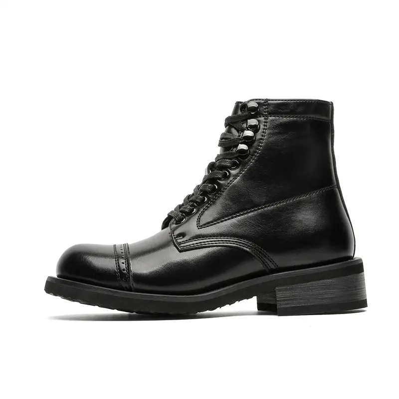 Men's Black Leather Round Toe Military Boots, Lace-Up Ankle Boots, Thick Sole, Fashionable Casual Daily Shoes