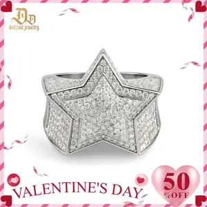 Delzzad 14K Gold-Plated Bling Pentagram Ring Round VVS Synthetic Moissanite S925 Unisex Hip Hop Iced Out Stars Ring Band Perfect for Any Occasion & Everyday Wear Birthday Anniversary Mother's Day Christmas Gifts for Men Women