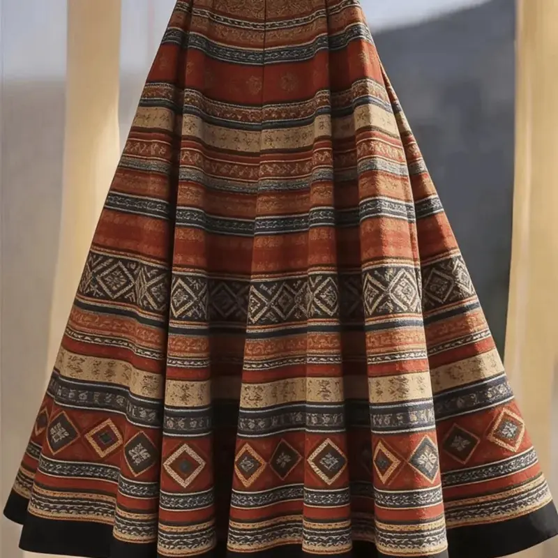 French Retro Printed Large Swing Skirt with Elastic Waist, Casual Half Skirt for Shopping, Machine Washable 4.9 size Medium