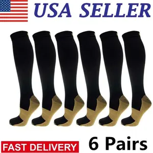 Men/Women's Knee-High Copper Compression Socks (6 Pairs) - Nylon Blend, Gentle Pressure, Hg Grade, Multi-Size (S-XXL), USA-Sourced