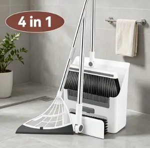 4 in 1  Broom and Dustpan Combo Set, Long Handle Floor Scrub Brush, Multifunctional Household Cleaning Broom for Home Kitchen Bathroom White