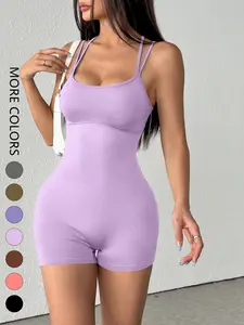 Women's Backless Yoga Romper, Open Back Romper, Summer Sexy Sleeveless Jumpsuit, Sleeveless Yoga Jumpsuits, Casual Slim Fit Short Pants Set, Daily Wear Sportswear