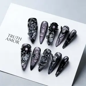 10 Pieces | TRUTH AMOR Dark Baddie Handmade Luxury Press On Nails | Cyberpunk, Metal Snake Texture & Gem Design | Reusable & Ultra Thin | Perfect for Music Festival, Dark Party & Daily Outfit,nail kit set，nail kit，my nail set，Bedazzled kit