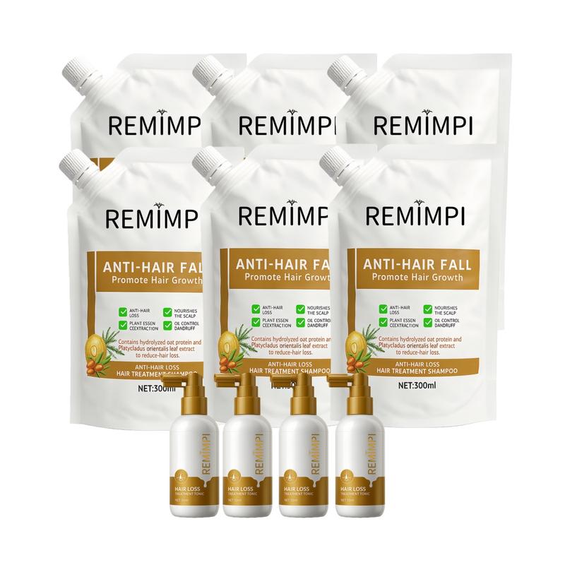 REMIMPI Hair Revival System – 12-Month Anti-Hair Loss & Regrowth Kit | Herbal Shampoo + Hair Tonic Set for Thicker, Fuller Hair | Ginseng, Polygonum & Jojoba Root Strengthening Formula (300ml + 50ml) Restore
