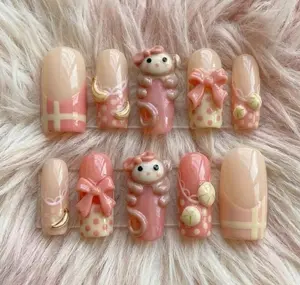 Handmade 3D Monkey Press-On Nails | Custom Pink Polka Dot Coquette Nails | Viral Gift for Her Aesthetic Nail Art