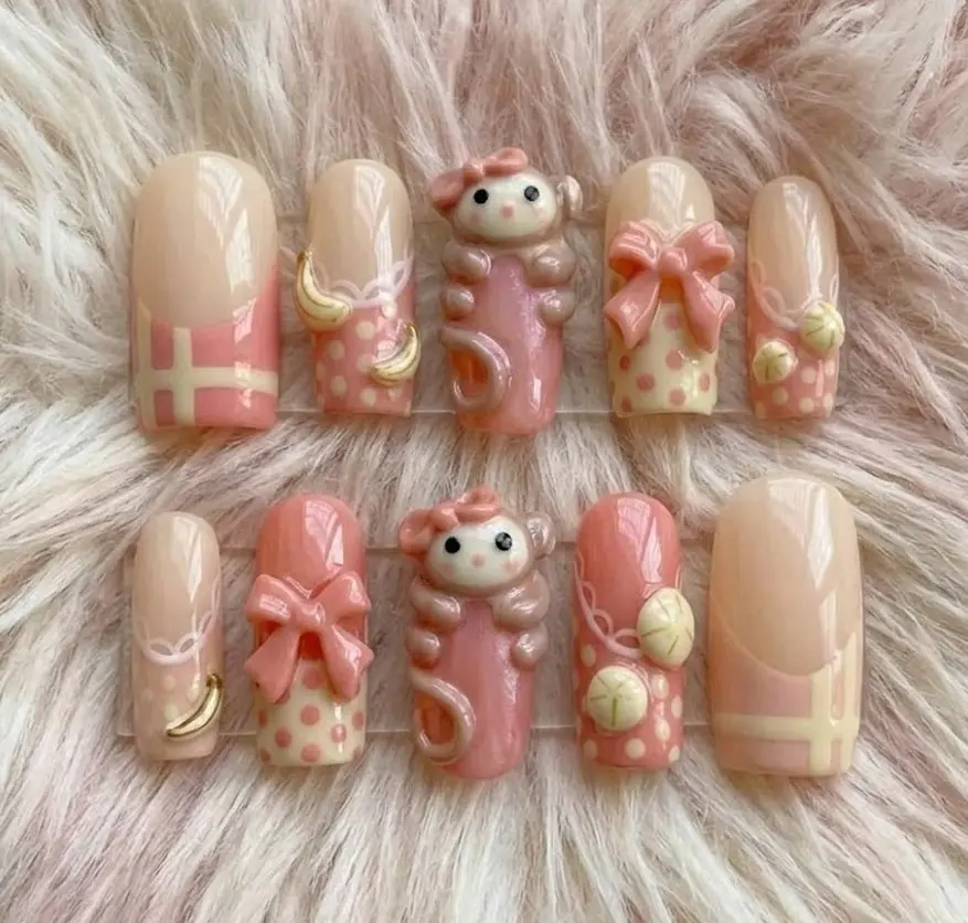 Handmade 3D Monkey Press-On Nails | Custom Pink Polka Dot Coquette Nails | Viral Gift for Her Aesthetic Nail Art