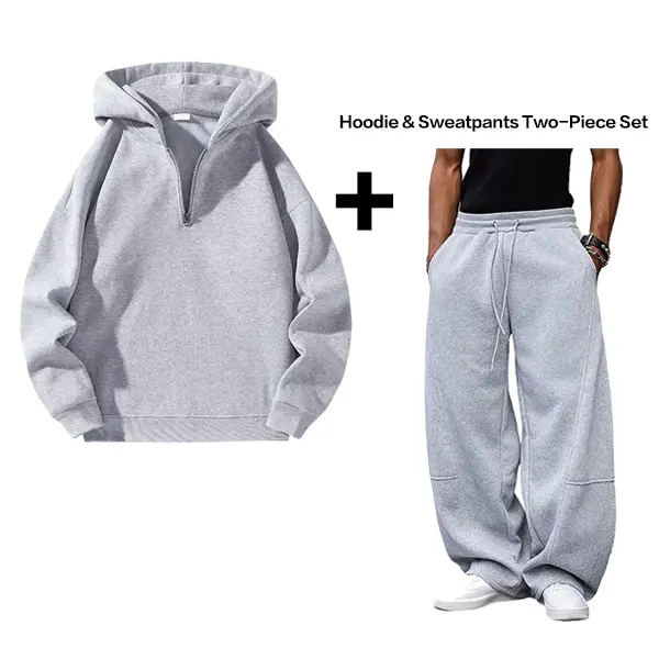Unisex two-piece set: half-zip hooded sweatshirt + wide-leg athletic pants. Men’s set, casual sportswear suitable for everyday wear in autumn and winter.