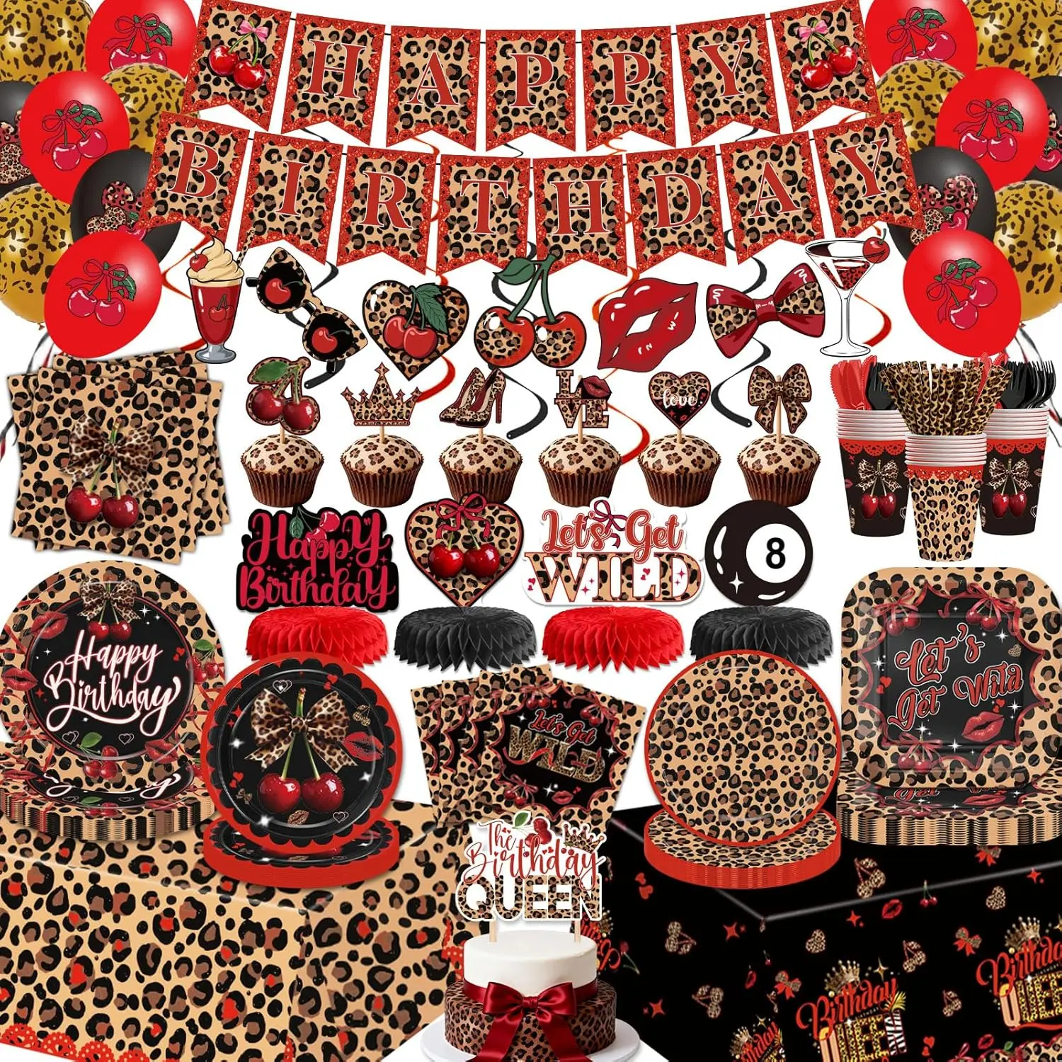 Red Cheetah Prints Birthday Decorations, 220pcs Y2K Leopard and Cherry Plates and Napkins Tablecloths Banner Hanging Swirls Balloons, Cheetah Theme Party Decorations for Girls Women Birthday Serve 26