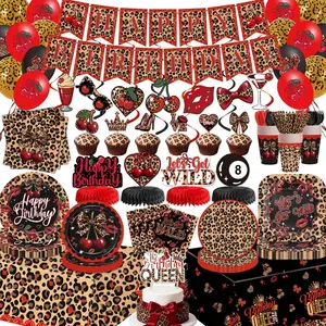 Red Cheetah Prints Birthday Decorations, 220pcs Y2K Leopard and Cherry Plates and Napkins Tablecloths Banner Hanging Swirls Balloons, Cheetah Theme Party Decorations for Girls Women Birthday Serve 26