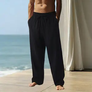Men’s elastic-waist wide-leg lounge pants made from soft, breathable linen; loose wide-leg fit—ideal for casual wear at home, the beach, and everyday outfits.
