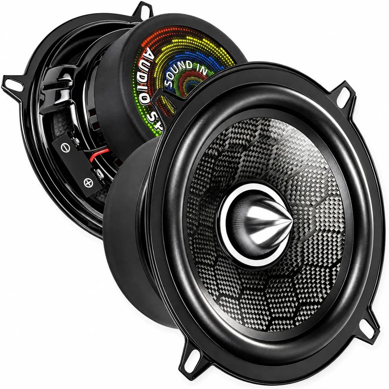 TANVSO CarbonForce 5.25 Speakers, 700W Peak 4 Ohm 5.25 Car Speakers, 5 1/4 Bullet Midrange Speakers with Honeycomb-Weave Carbon Fiber Cone, Low-Profile Aluminum Bullet for Door & Motorcycle, 2 Pack