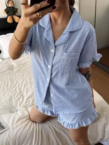 Valentine's Day Women's Sleepwear Set, Striped Blue Print Ruffle Short Sleeve Shorts Pajamas, Open Front Collar Comfortable Loungewear