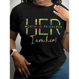 Women's Casual Letter Print Round Neck Short Sleeve T Shirt Summer Wear for Daily Vacation Outdoor Ladies Clothing