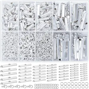EuTengHao Silver Slider Clasp Kit for Beading, Tube Slide Cord Ends with Lobster Clasp, Chain Extender, Jewelry Findings for Beading Necklace Bracelet Making (6 Sizes, Bright Silver, 540Pcs)