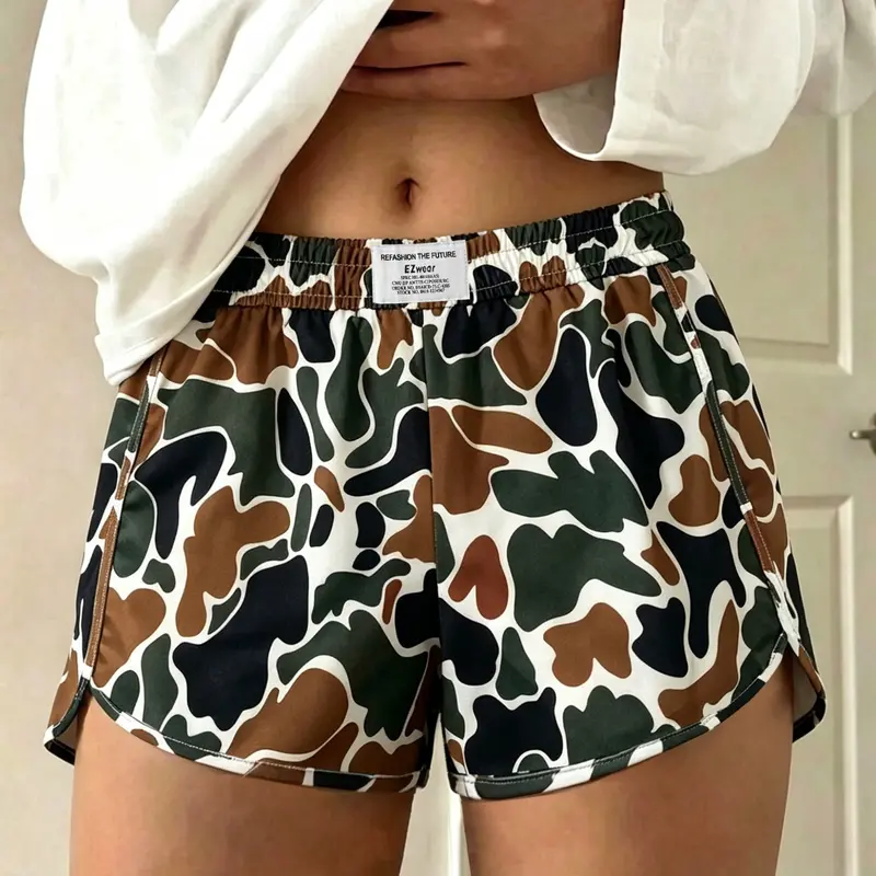 Women's Casual Camo Dot Print Shorts, Elastic Waist, Loose-Fitting, Soft, Comfortable and Versatile, Fashionable Bottoms for Daily Wear, Womenswear, Camouflage, Elastic Waistband Shorts