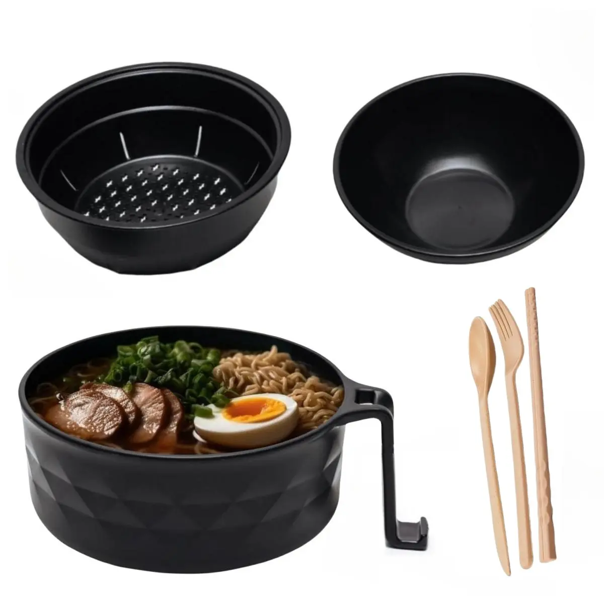 MIUVA Unbreakable Ramen Bowl Set - 3 Black Wheat Straw/Bamboo Bowls with Spoon, Fork & Chopsticks for Asian Noodle & Cutlery Tableware Sets Stock Up Value Pack Valentine's Day gift Christmas Gift Cookware Sets Dinnerware Service Set Stylish