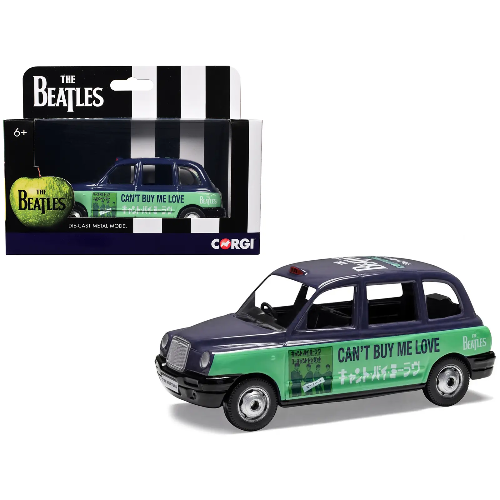 The Beatles London Taxi RHD (Right Hand Drive) "Can't Buy Me Love" Blue and Green with Graphics Diecast Model by Corgi